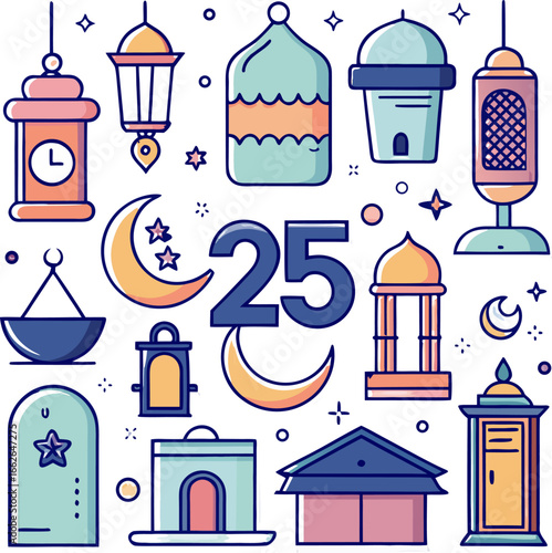  Ramadan Islamic Icons Vector Set – Mosque, Crescent, Lantern, Quran, Iftar
