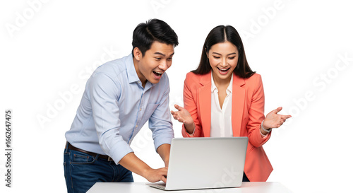 Looking  couple business people laptop colleagues screen  colleagues asian  woman  man excited at