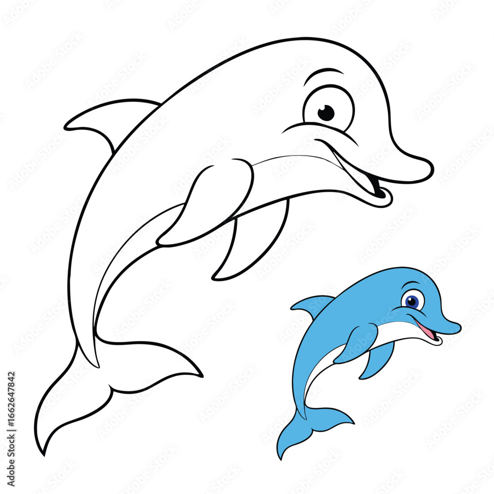 Fototapeta premium A playful dolphin leaps high above the waves with a big smile, creating a joyful and funny scene. Perfect as a coloring page to spark creativity and ocean fun!