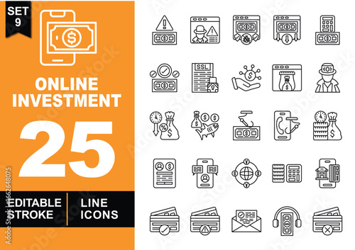 Online Investment line icon set. Exclusive Online Investment line icon collection. Containing Warning, Cybercrime, Security, Download, POS, Deadline, SSL, Investment, Moneybag. Editable stroke