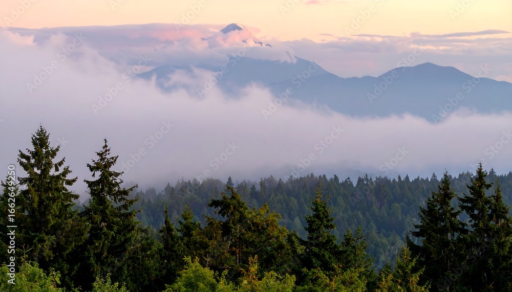 Obraz premium Misty mountain landscape at sunset