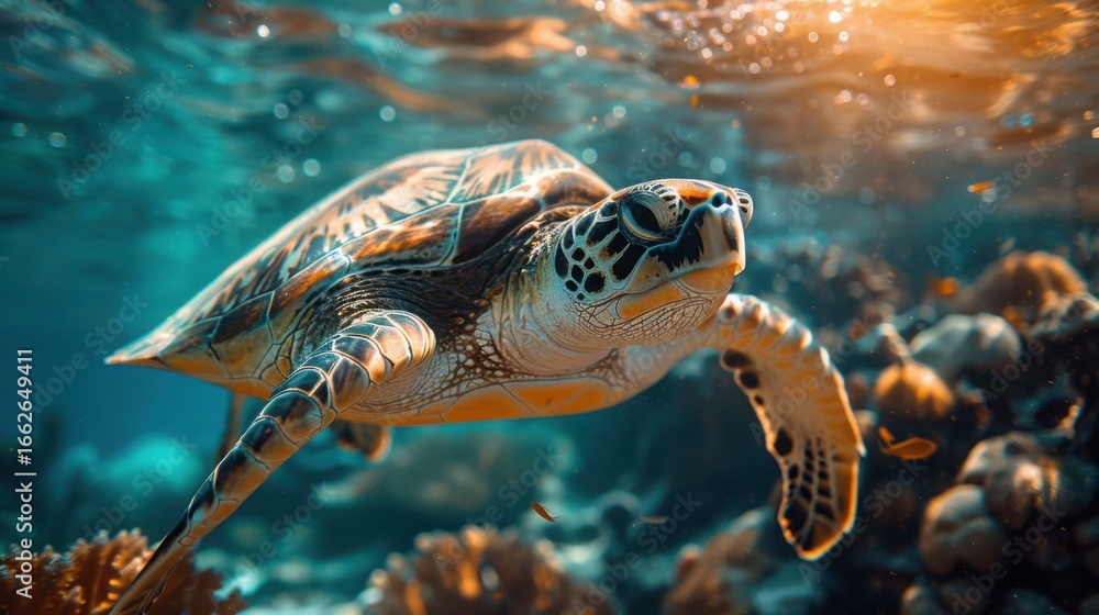Fototapeta premium Sea turtle swimming in ocean water with coral reef below