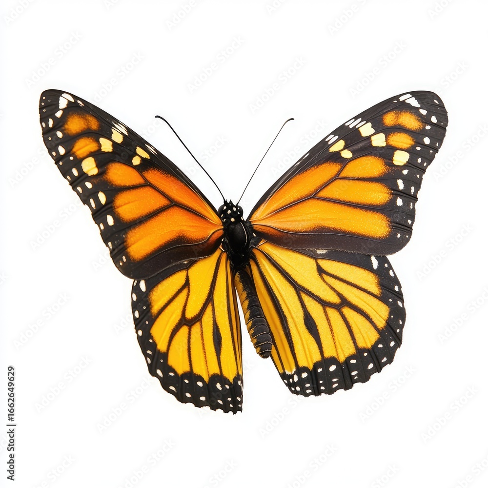 Fototapeta premium Monarch butterfly, vibrant orange and yellow wings, black markings, isolated on white