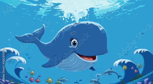 Whales that are happy in pictures with shades of happy, with blue, and perfect combinations. Cartoon style makes the impression very comfortable and can be for all people