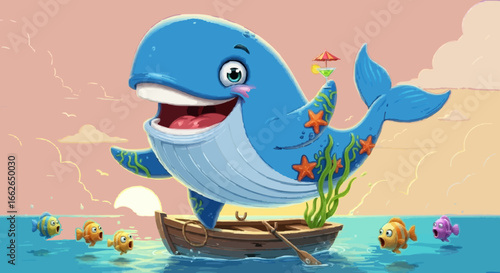Whales that are happy in pictures with shades of happy, with blue, and perfect combinations. Cartoon style makes the impression very comfortable and can be for all people