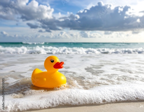 Yellow rubber duck on beach waves