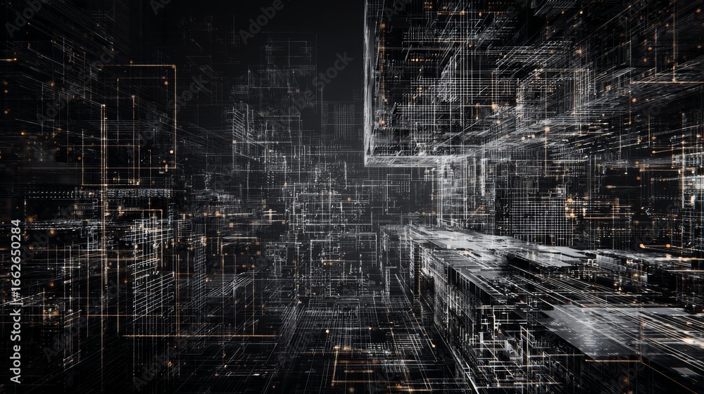 Fototapeta premium Tech overlays on architecture or abstract digital patterns