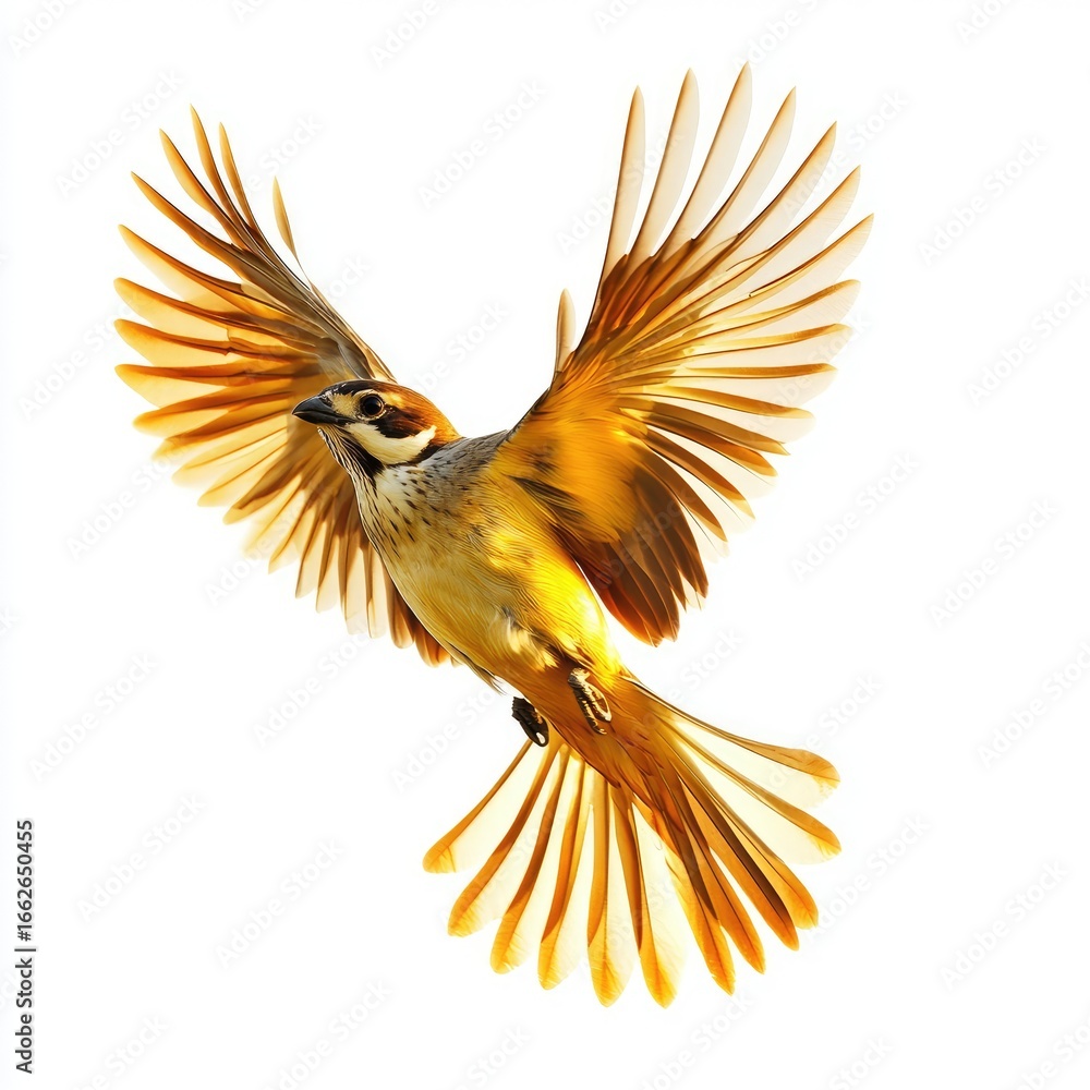 Naklejka premium Golden bird in flight against white background. Feathers in vibrant, warm tones of gold and amber. Detailed wings outstretched, showcasing intricate feather structure. 