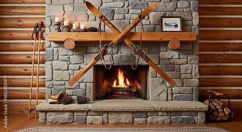 Rustic stone fireplace adorned with vintage wooden skis creates a cozy and inviting winter lodge atmosphere in a charming log cabin interior, perfect for unwinding.