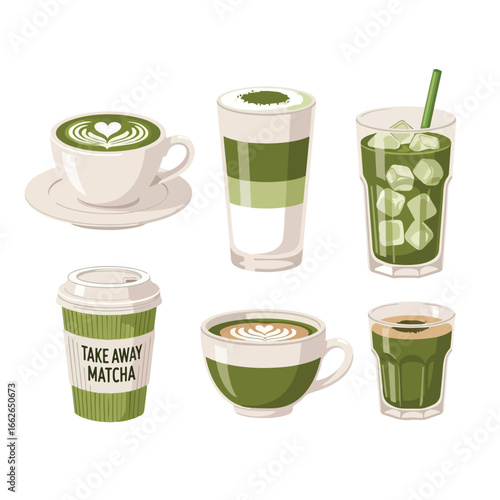 vector set of several types of cafe-style matcha drinks