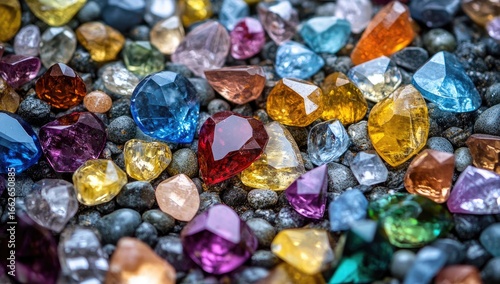 Colorful gemstones scattered on dark stones