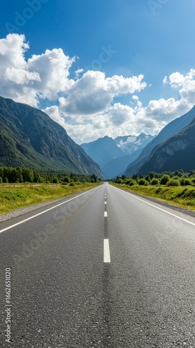 Straight asphalt road through mountainous landscape, vertical image