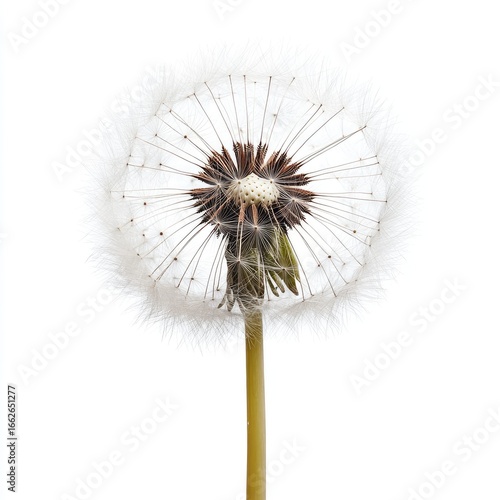 Wallpaper Mural Close-up of a dandelion seed head against a white background.  The fluffy seed-bearing structure is a perfect circle with a light beige/white color.  A brown central disk is visible. Torontodigital.ca