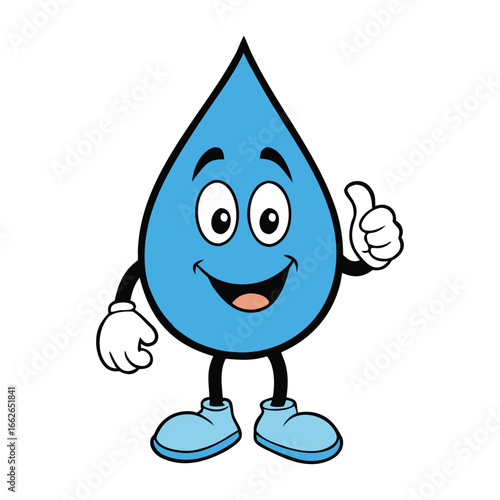 A cheerful cartoon water drop with big eyes and a bright smile gives a thumbs-up, spreading positivity and freshness in a fun, friendly, and playful style.
