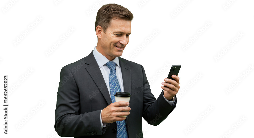 Cup businessman a professional while suit coffee a smartphone business holding using smiling man businessman person Cup businessman a professional while suit coffee a smartphone business holding using smiling man businessman person
