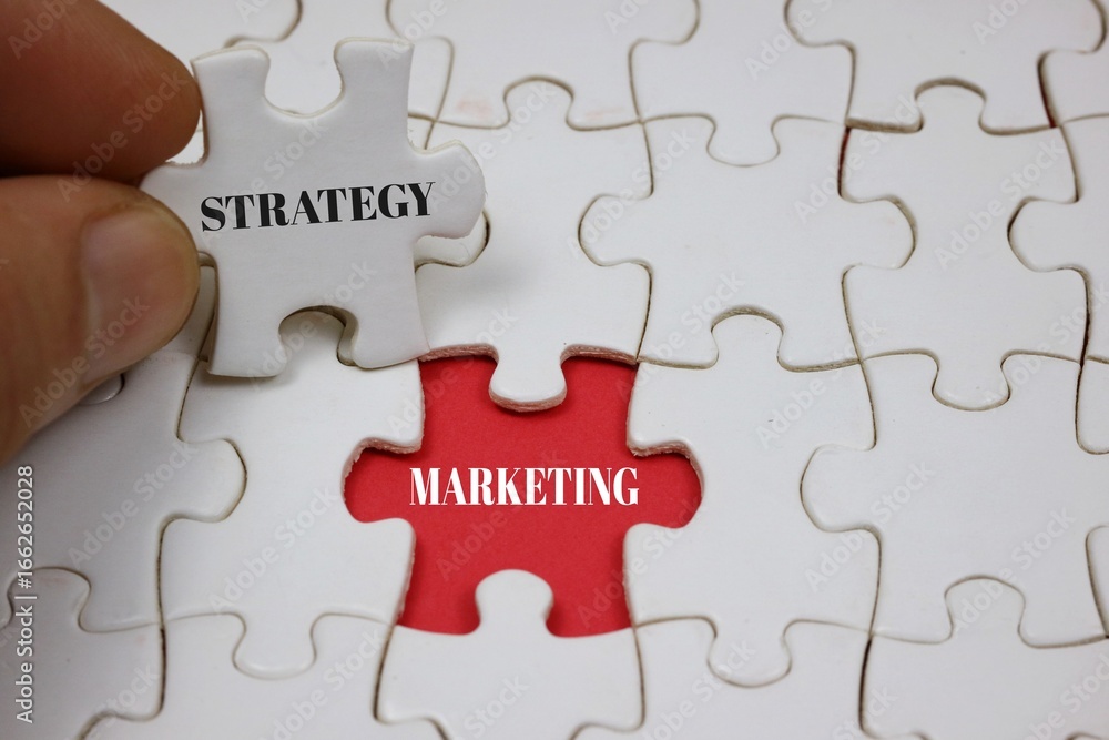 Puzzle Concept Depicting Strategy Marketing with Highlighted red Piece Puzzle Concept Depicting Strategy Marketing with Highlighted red Piece