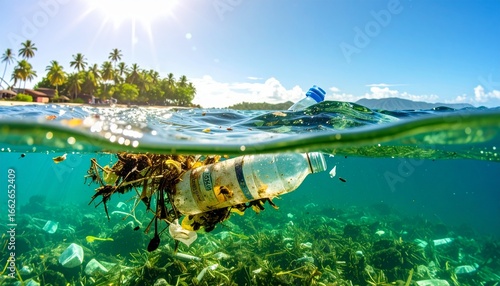 Contamination Of The Oceans , Result Of A Human Activities. Plastic garbage is swimming on water surface. Plastic bag floating over reef in the ocean. Plastic pollution in ocean problem.  