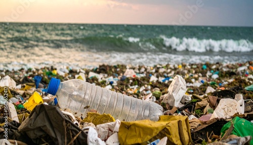 Contamination Of The Oceans , Result Of A Human Activities. Plastic garbage is swimming on water surface. Plastic bag floating over reef in the ocean. Plastic pollution in ocean problem.  