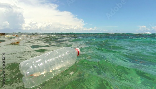 Contamination Of The Oceans , Result Of A Human Activities. Plastic garbage is swimming on water surface. Plastic bag floating over reef in the ocean. Plastic pollution in ocean problem.
