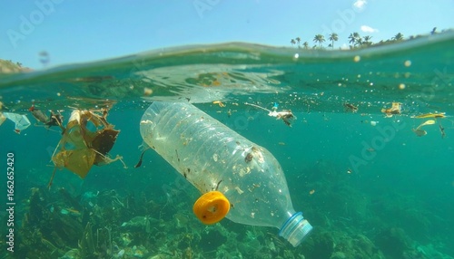 Contamination Of The Oceans , Result Of A Human Activities. Plastic garbage is swimming on water surface. Plastic bag floating over reef in the ocean. Plastic pollution in ocean problem.