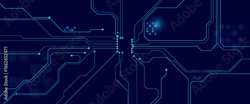 Brightly glowing AI chip on light circuit board on technology blue background. CPU processor or semiconductor on tech bg. Computer microchip on motherboard. Abstract digital vector illustration.