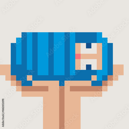 Newborn baby swaddled in a blue blanket, shown in pixel art style. Sweet and cozy image for baby or parenting content.