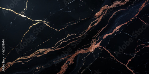 Luxurious marble texture with a predominantly black background and flowing patterns with golden veins running through it, creating a striking contrast.	