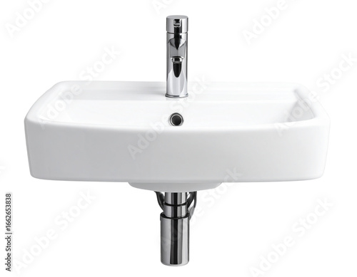 Modern White Ceramic Washbasin with Chrome Faucet, Front View, isolated on transparent background PNG