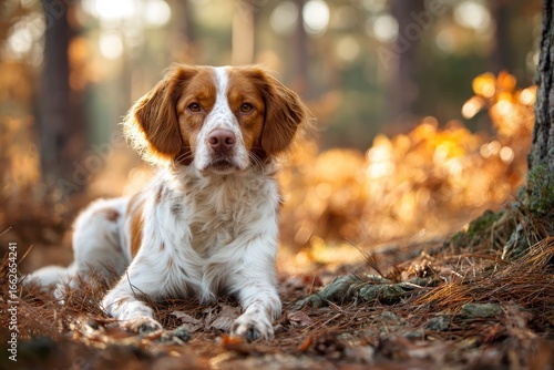 Brown and white Brittany Spaniel dog lies in forest