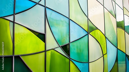 Abstract Green Blue Stained Glass Window Panel Design