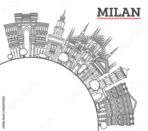 Outline Milan Italy City Skyline with Historic Buildings and copy space Isolated on White. Illustration. Milan Cityscape with Landmarks.