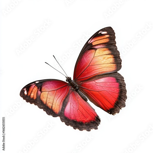 Vibrant red and orange butterfly, wings outstretched, against a pure white background