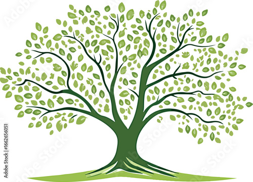 Vibrant green deciduous tree with sprawling branches and lush foliage on a white background