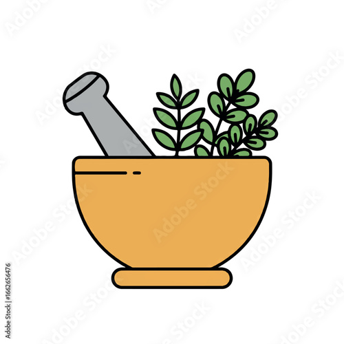 Herbal Medicine Vector Illustration of Mortar and Pestle with Herbs