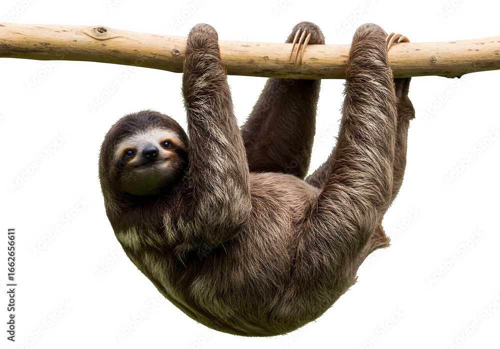 Obraz premium A sloth hanging from a tree branch, isolated on white or transparent background. PNG, cut out