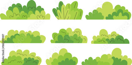 Cartoon Green Bushes Set – Vector Nature Elements for Game Design and Graphics. Hand-drawn stylized vegetation elements for game design, landscape illustration and nature graphics
