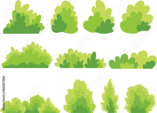 Cartoon Green Bushes Set – Vector Nature Elements for Game Design and Graphics. Hand-drawn stylized vegetation elements for game design, landscape illustration and nature graphics