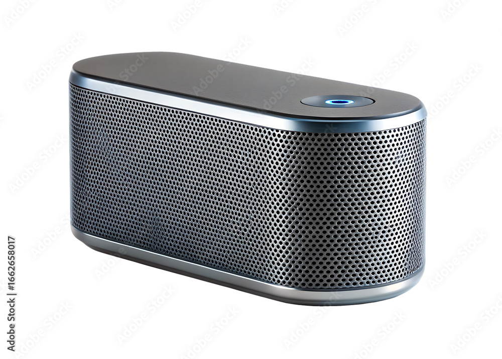 Obraz premium Sleek portable oval bluetooth speaker with perforated grill and illuminated power button isolated on a transparent background