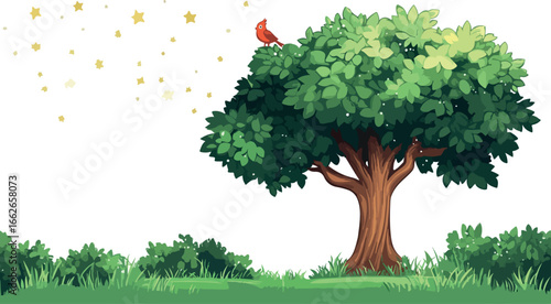 A vibrant green deciduous tree stands tall with a cardinal perched on its branches against a white background