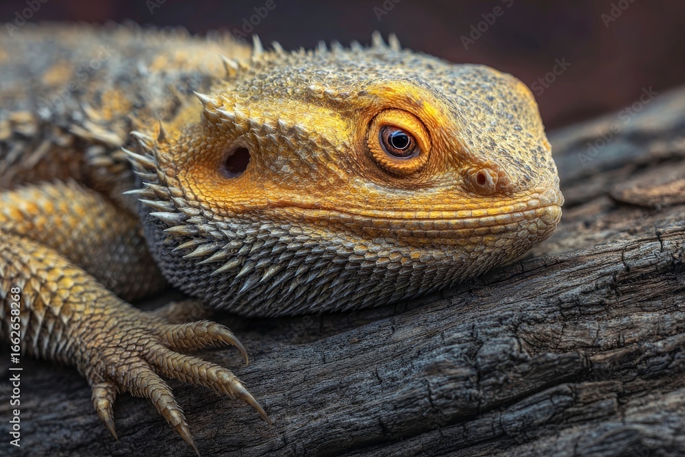 Fototapeta premium A closeup features a bearded dragon resting on a textured log showcasing its scales spikes and unique eye