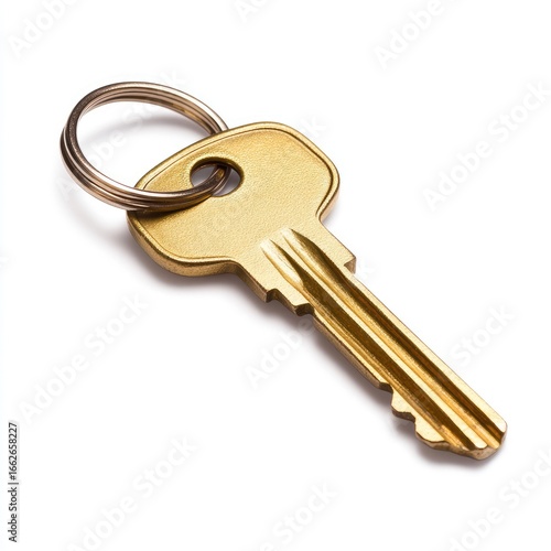 Gold key with metal ring, isolated on white