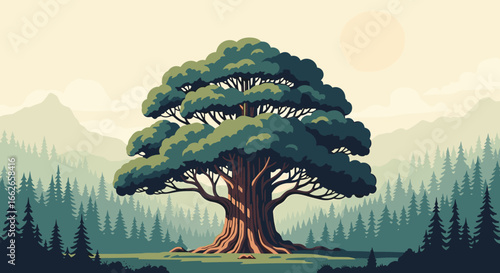 A majestic ancient oak tree stands tall amidst a lush green forest under a softly glowing sky