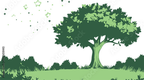 Lush green deciduous tree with a full canopy standing tall in a sunny meadow