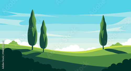 Serene tuscan landscape with cypress trees under a bright blue sky with wispy clouds and rolling green hills