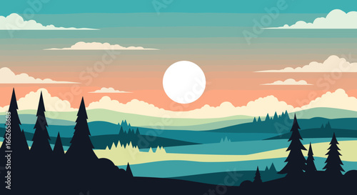 A serene evening landscape with a brilliant sunset over rolling hills and majestic evergreen trees