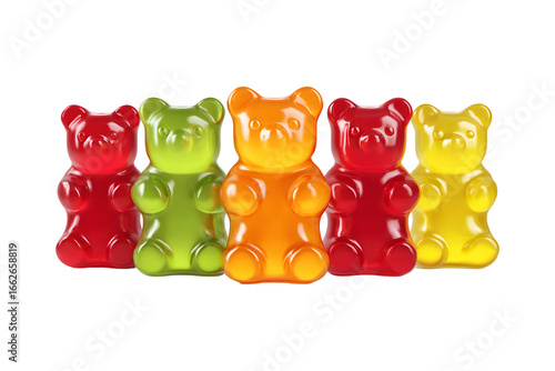 Vibrant Gummy Bears Arranged in a Row Against a Dramatic transparent backdrop