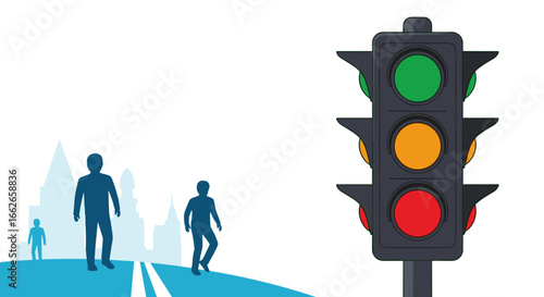 Illustrating a traffic signal with red yellow and green lights next to silhouetted people walking on a road towards a city skyline