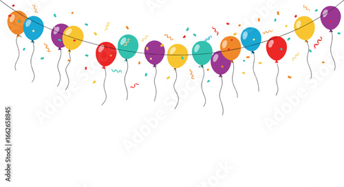 Festive colorful balloons and confetti string decoration celebrating a special event in a joyful atmosphere