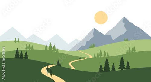 A serene mountain landscape unfolds with a winding path leading through rolling green hills dotted with evergreen trees under a bright sunny sky
