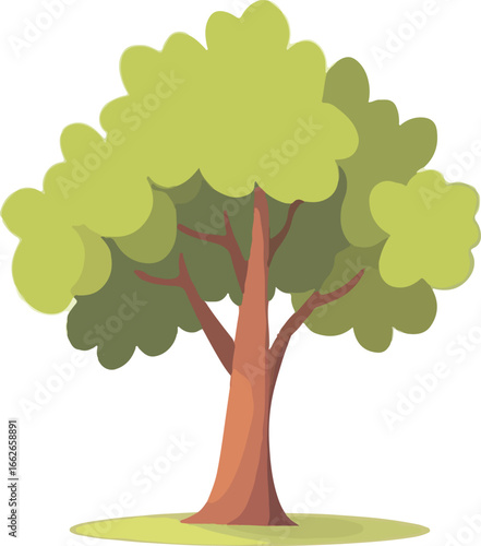 Stylized cartoon illustration of a vibrant green deciduous tree with a brown trunk and grassy ground